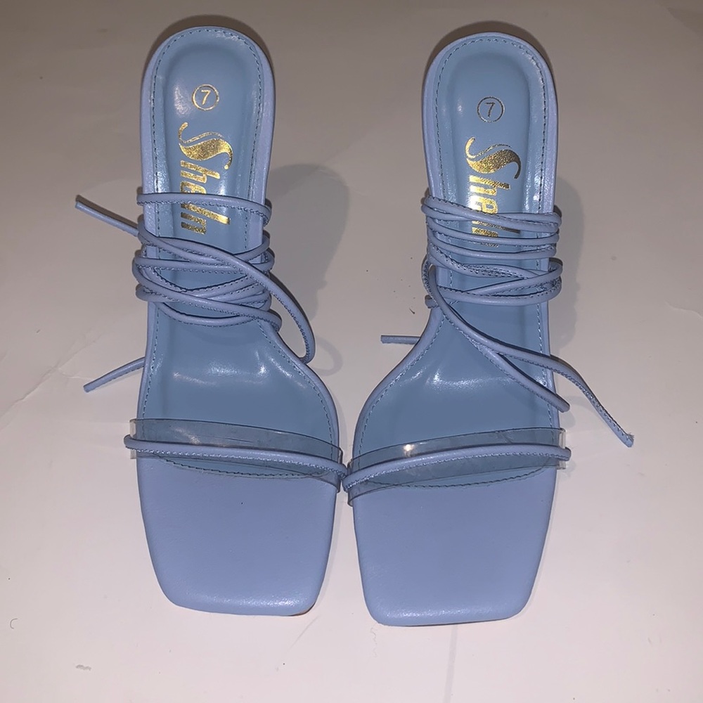 baby blue leg tie heels